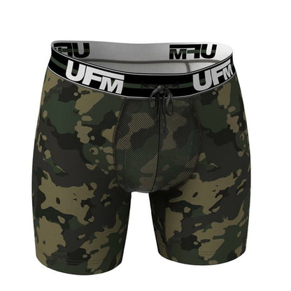 Maroon Mango UFM Boxer Brief 6-inch in polyester with MAX support, shown in black with waistband and supportive pouch.