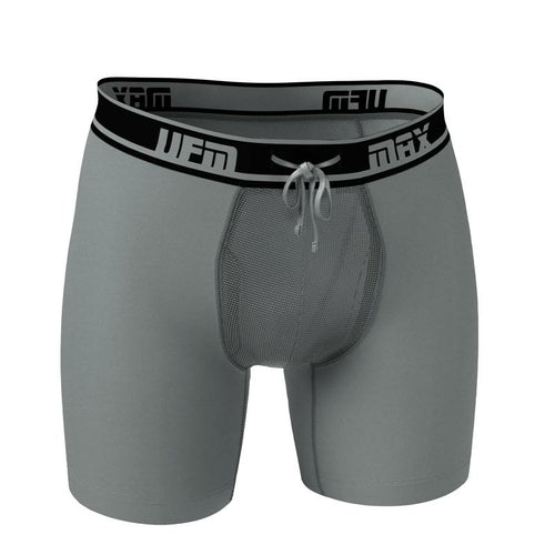 Maroon Mango UFM Boxer Brief 6-inch polyester underwear with maximum support, shown in gray color, designed for comfort and fit.