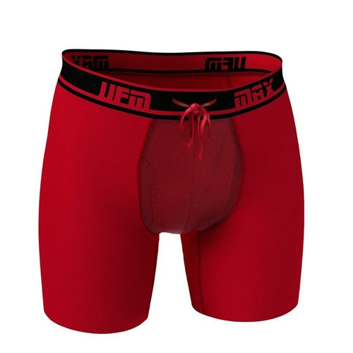 Maroon Mango UFM Boxer Brief 6" in red polyester with maximum support, designed for comfort and athletic wear.