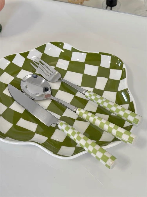 Set of 6 modern checkered flatware sets by Inspecial Home, featuring sleek design ideal for home decor and table settings.