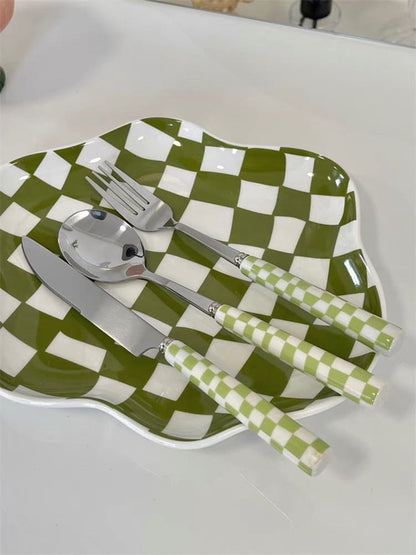 Set of 6 modern checkered flatware sets by Inspecial Home, featuring sleek design ideal for home decor and table settings.
