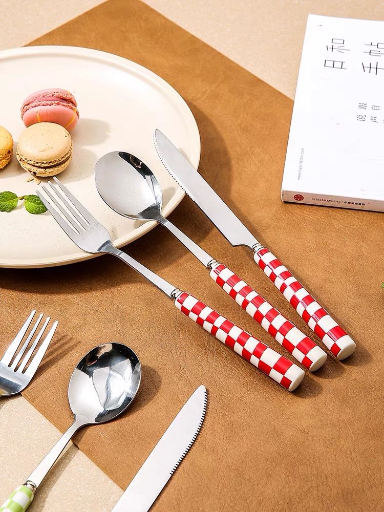 Six-piece modern checkered flatware set by Inspecial Home, featuring sleek stainless steel utensils for stylish table settings.