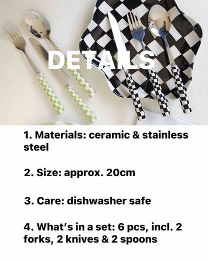 Six modern checkered flatware sets by Inspecial Home, including forks, knives, and spoons for stylish tableware.