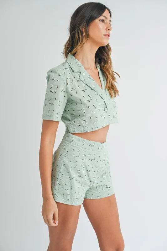 Pear Daisy MABLE eyelet short sleeve crop top and shorts set, stylish home and garden casual outfit with eyelet detail.