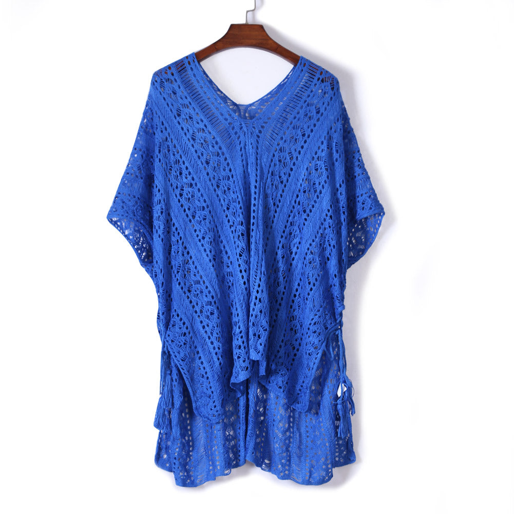 Cobalt blue crochet knitted tassel tie kimono beachwear for women, featuring lightweight, stylish design with fringe details.