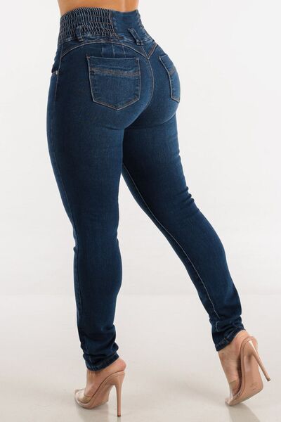 Taupe Oliver high waist skinny jeans with button closure, designed to lift hips and accentuate curves, shown in the product image.