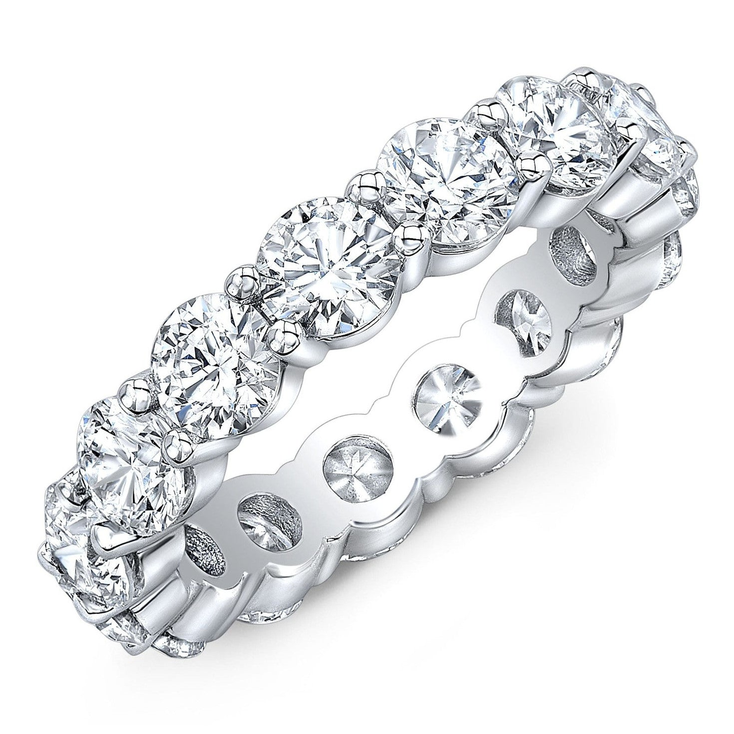 14k gold overlay eternity band with 4.00 ct round cut created moissanite gemstones in a classic eternity ring style.