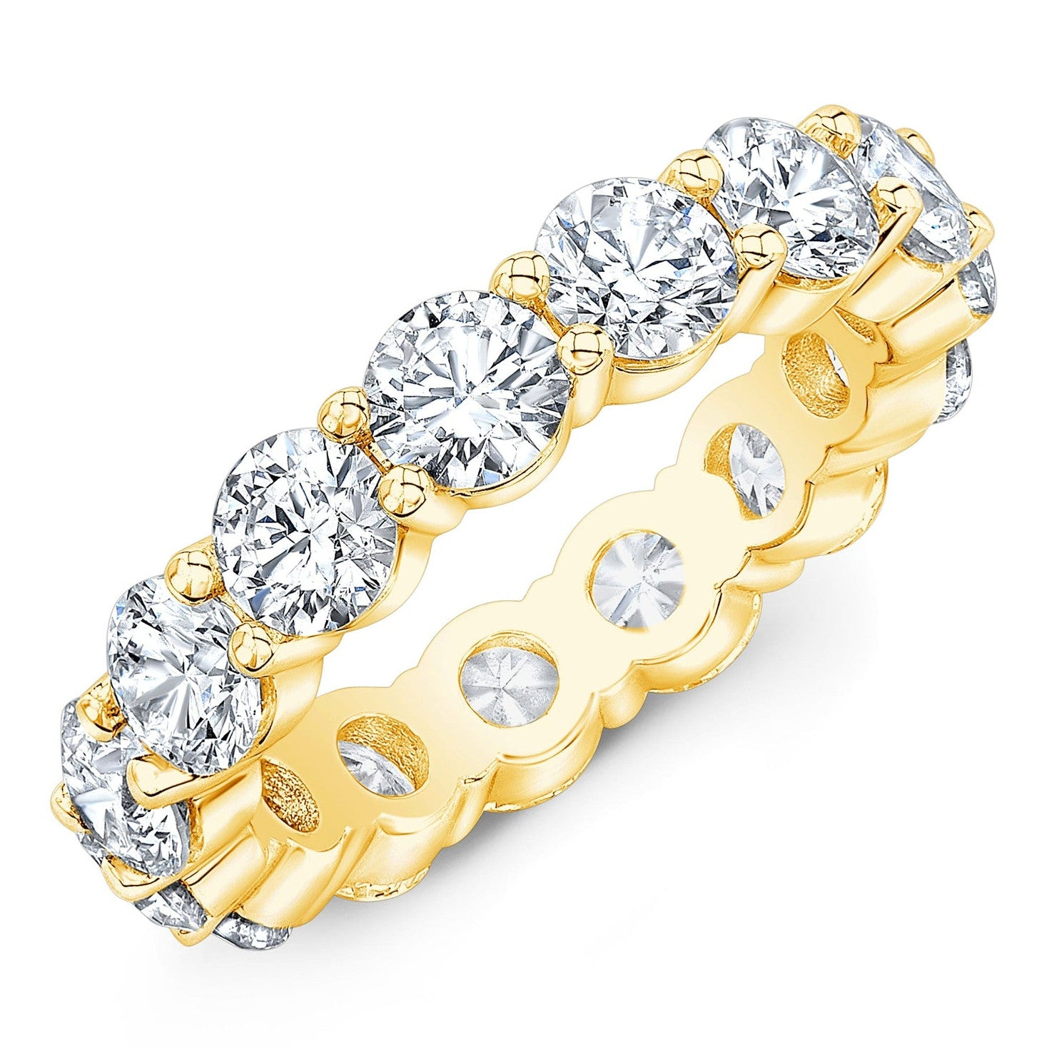 Start2Finish 14k gold overlay eternity band with 4.00 ct round cut created moissanite gemstones, classic and elegant jewelry piece.