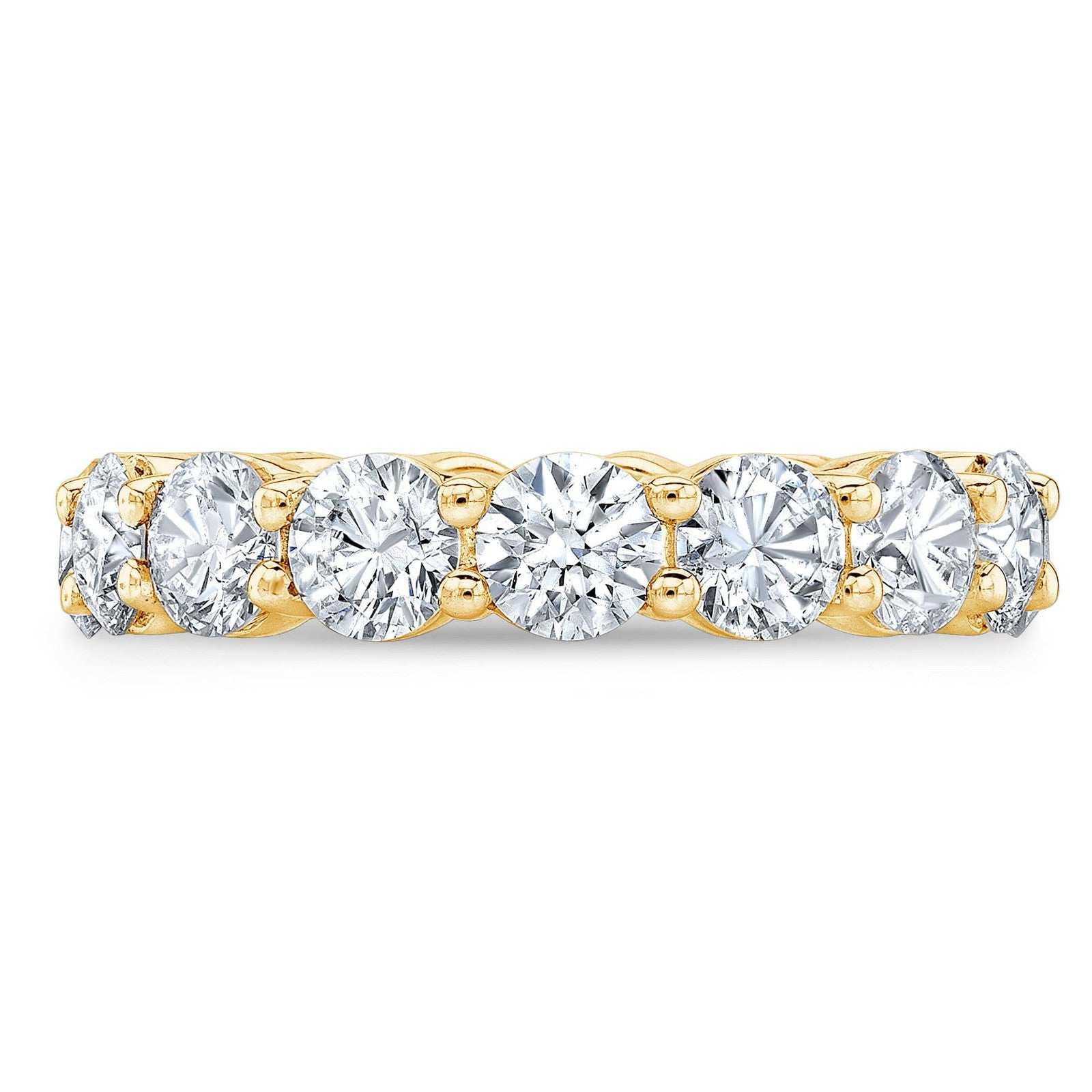 Round cut 4.00 Ct created moissanite eternity band in 14k gold overlay, featuring a classic continuous gemstone design.
