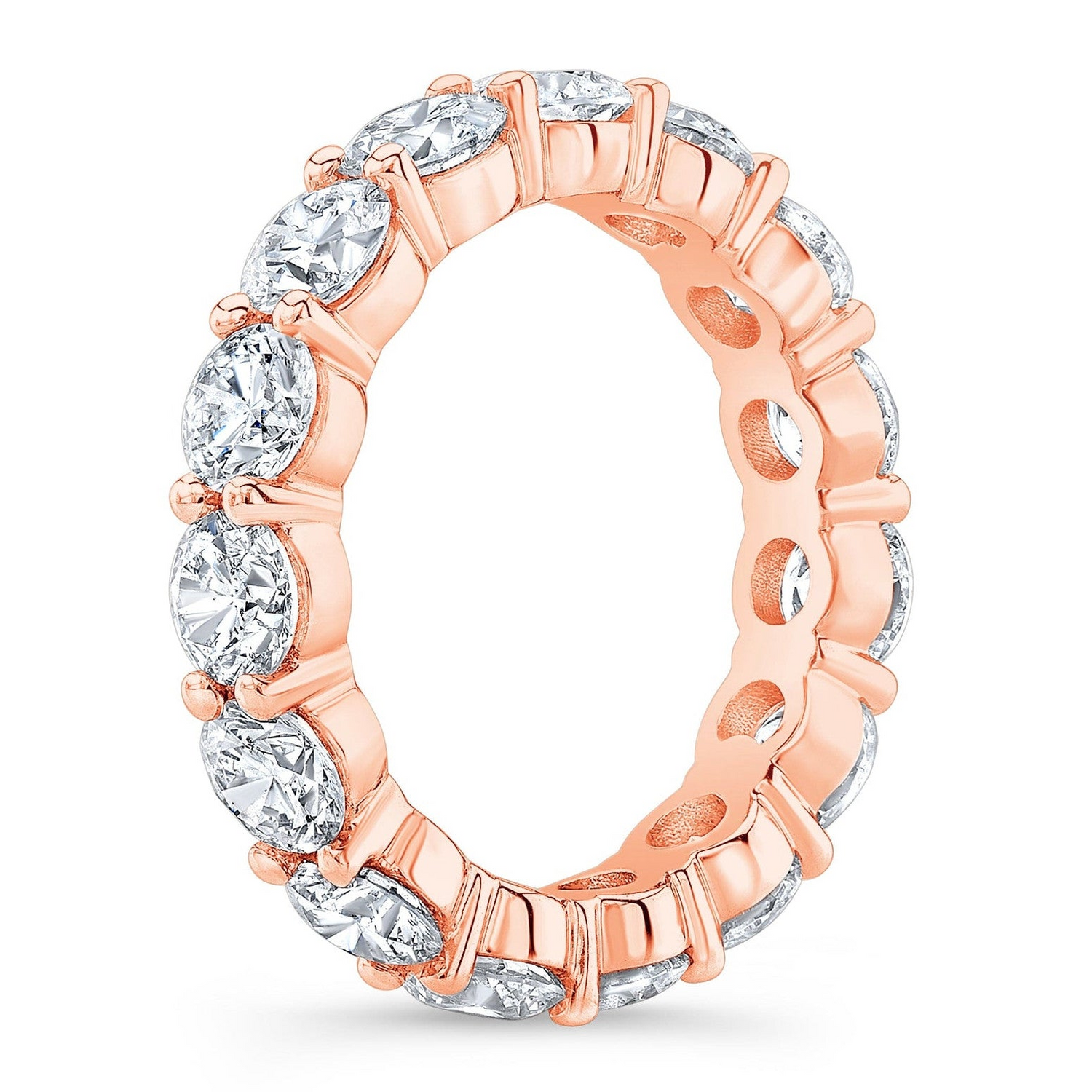 14k gold overlay eternity band with 4.00 ct round cut created moissanite stones, classic design, shown in a close-up image