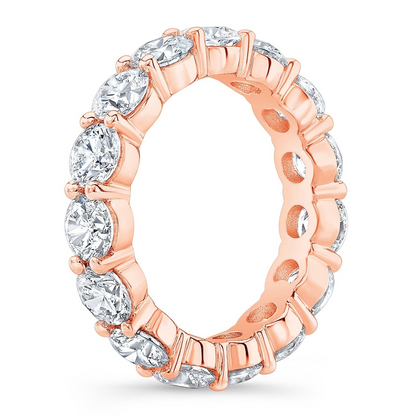 14k gold overlay eternity band with 4.00 ct round cut created moissanite stones, classic design, shown in a close-up image