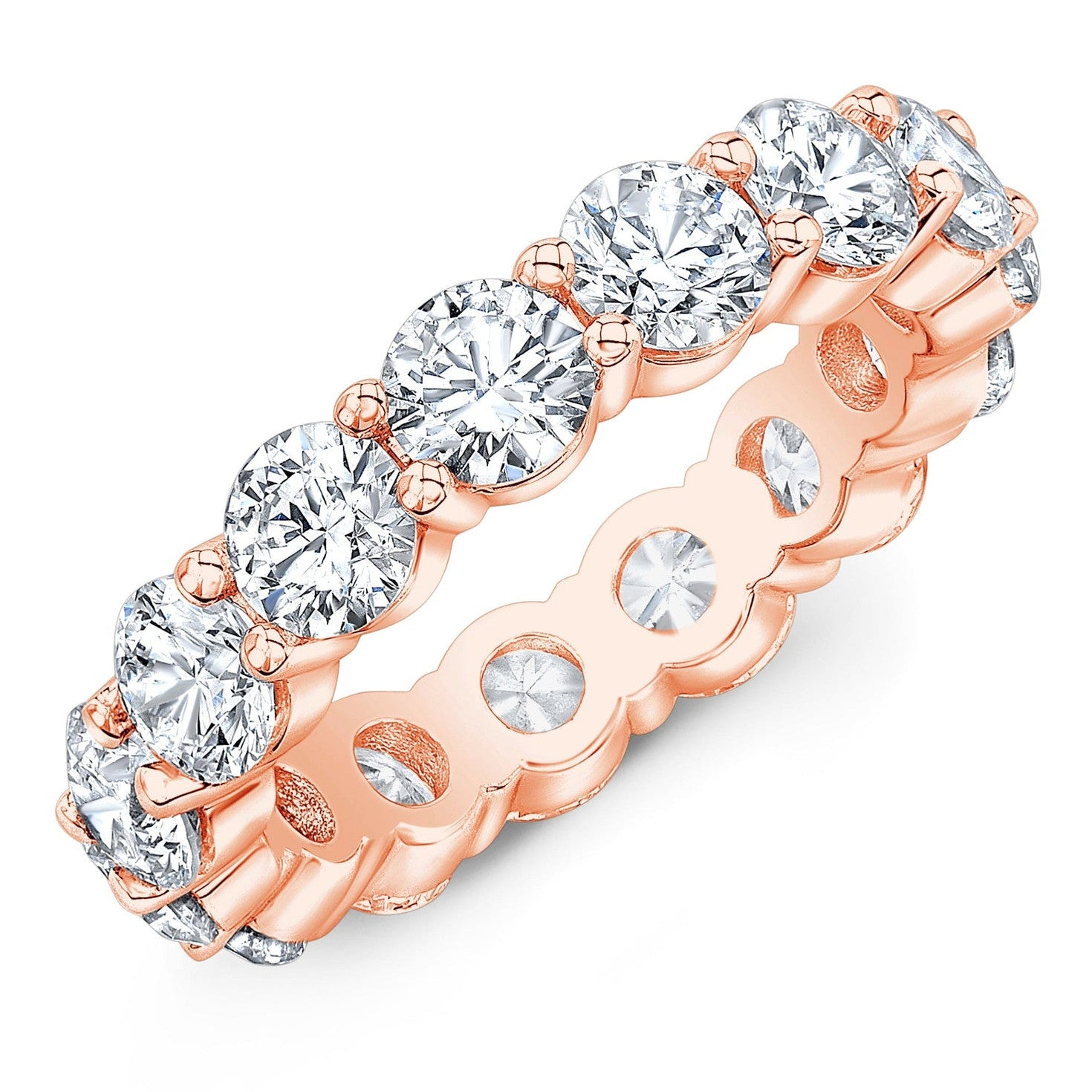 Start2Finish 14k gold overlay eternity band with 4.00 Ct round cut created moissanite diamonds, featuring a classic, continuous gemstone design.
