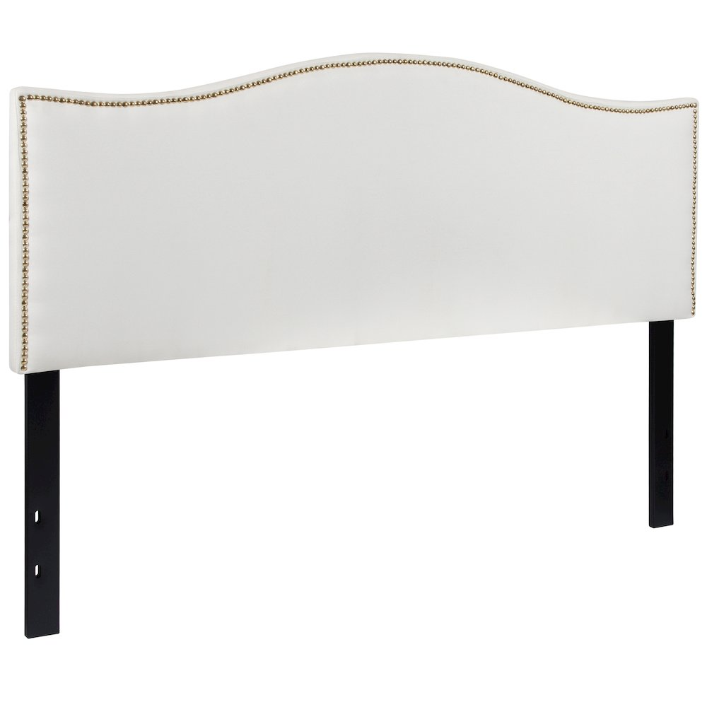 White upholstered queen size headboard with accent nail trim, showcasing plush fabric and elegant design for bedroom furniture.