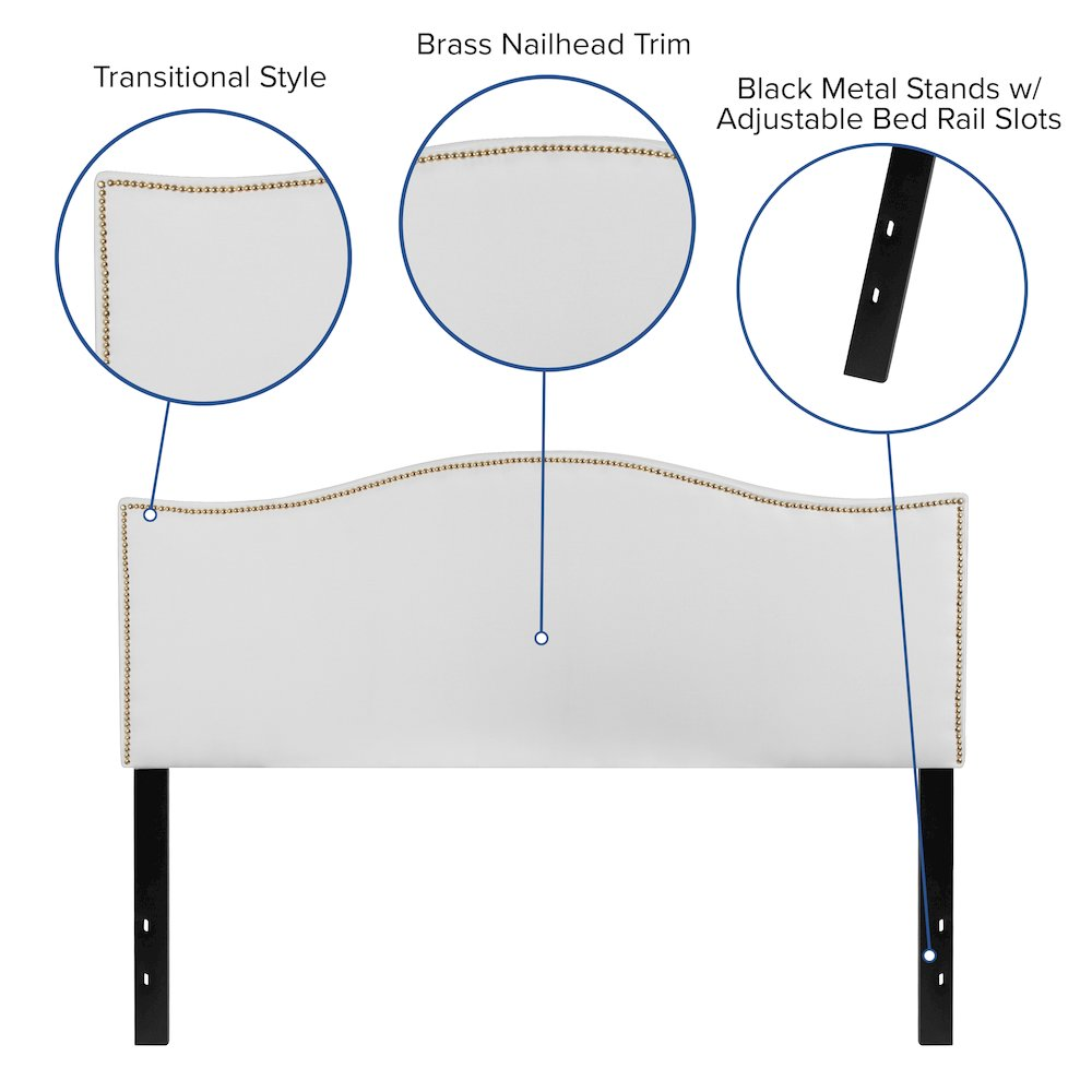White upholstered queen size headboard with accent nail trim, featuring a padded design and modern furniture style.