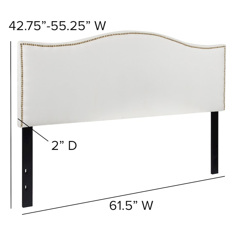 White upholstered queen size bed headboard with accent nail trim, modern furniture piece from Start2Finish.