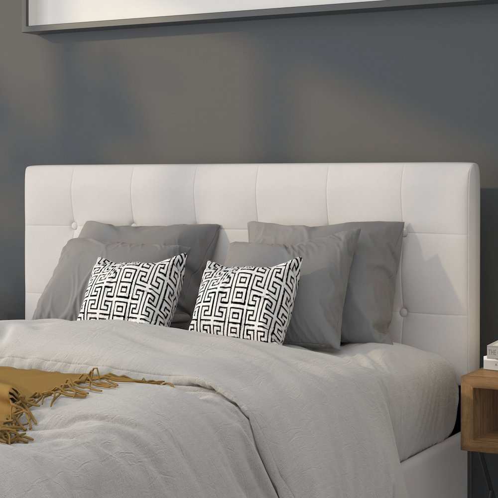 White tufted upholstered full size headboard by Start2Finish, featuring padded vinyl fabric and elegant tufted design.