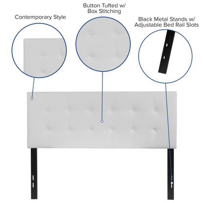 Tufted upholstered full size headboard in white vinyl with plush cushioning, by Start2Finish, shown in a bedroom setting