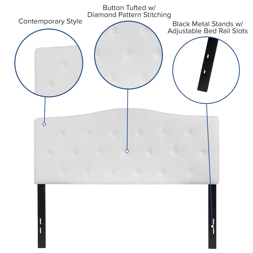 Full size white tufted upholstered headboard in fabric, shown as furniture piece with button-tufted detail, by Start2Finish.