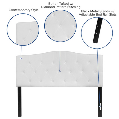 Full size white tufted upholstered headboard in fabric, shown as furniture piece with button-tufted detail, by Start2Finish.