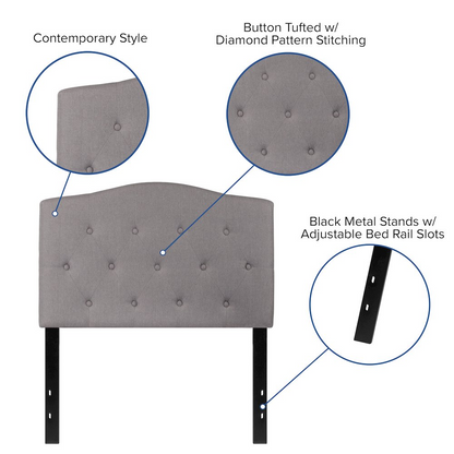 Light gray tufted upholstered twin size headboard with button details, designed for a cozy bedroom by Start2Finish.