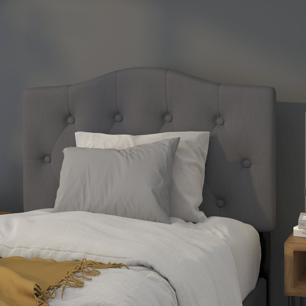 Dark gray tufted upholstered twin size headboard by Start2Finish, showcasing plush fabric and stylish design.