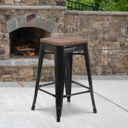 Black metal counter height stool with 24-inch height and square wood seat, high backless design by Start2Finish