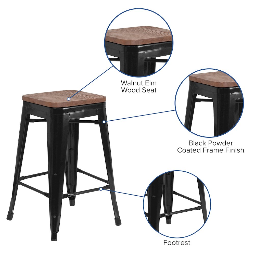Black metal counter height stool with 24-inch height and square wooden seat, from Start2Finish, designed for backless seating.