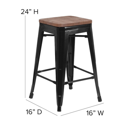 Black metal counter height stool with 24-inch height and square wood seat, high backless design by Start2Finish.