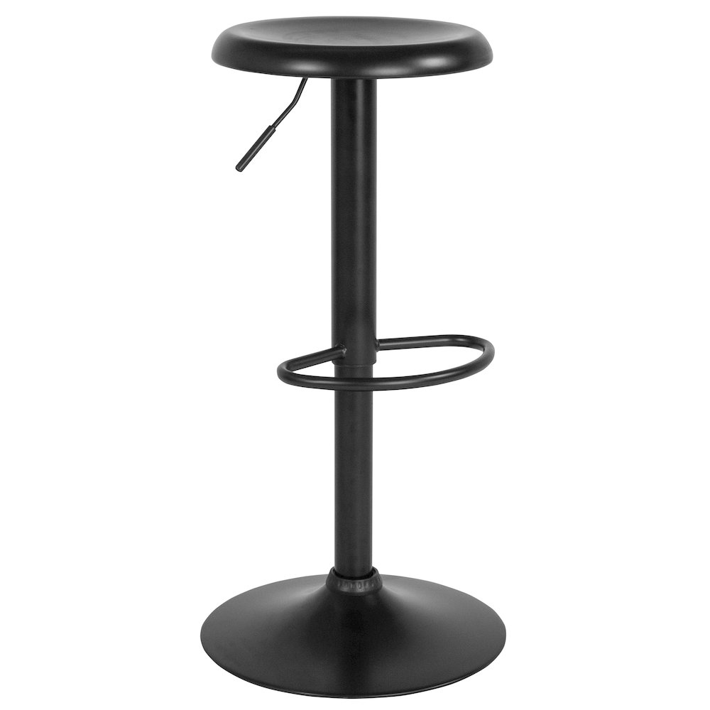 Adjustable height retro black barstool with cushioned seat and metal base, perfect for modern kitchen or bar area.