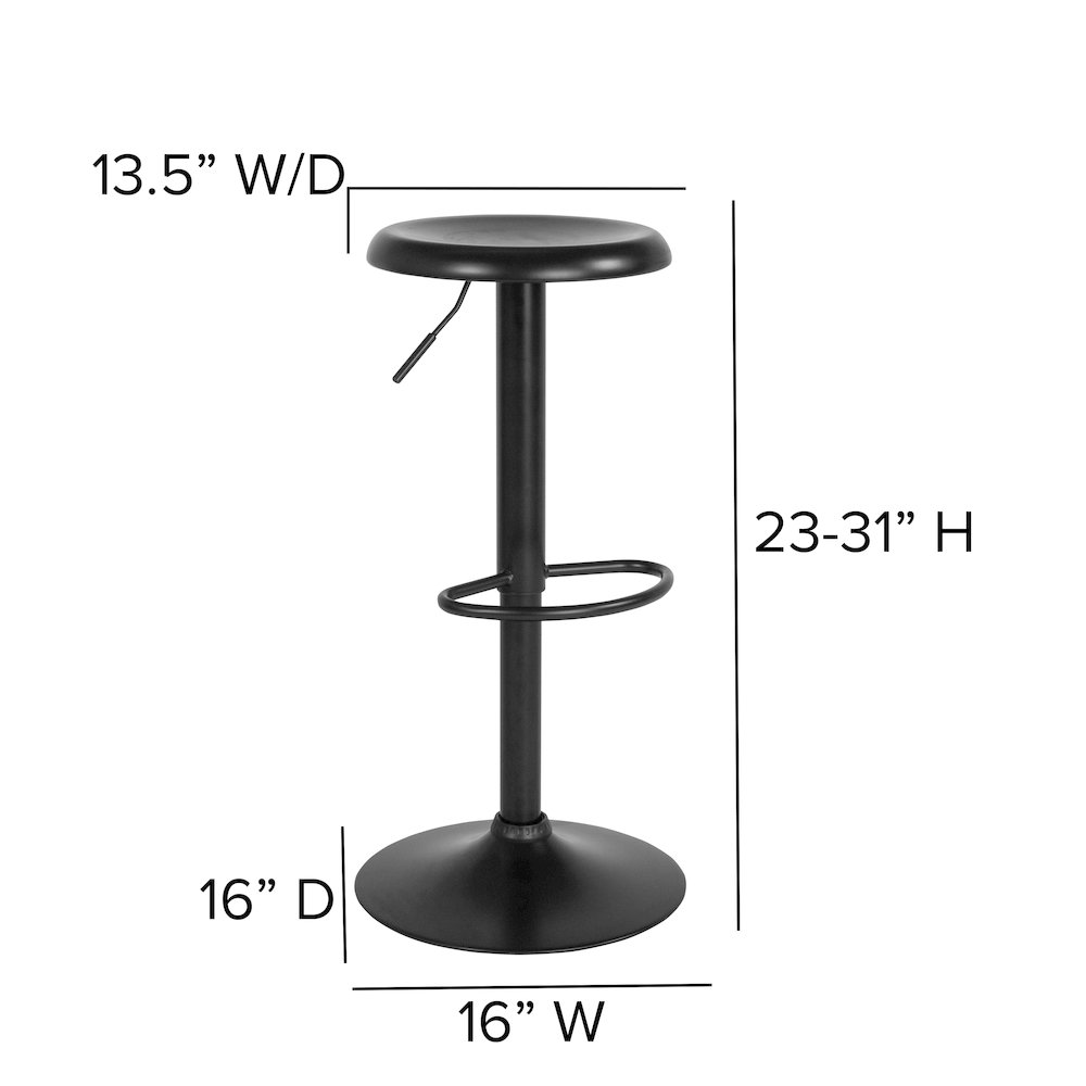 Adjustable height black retro barstool with modern design, featuring a sleek metal frame and comfortable cushioned seat.