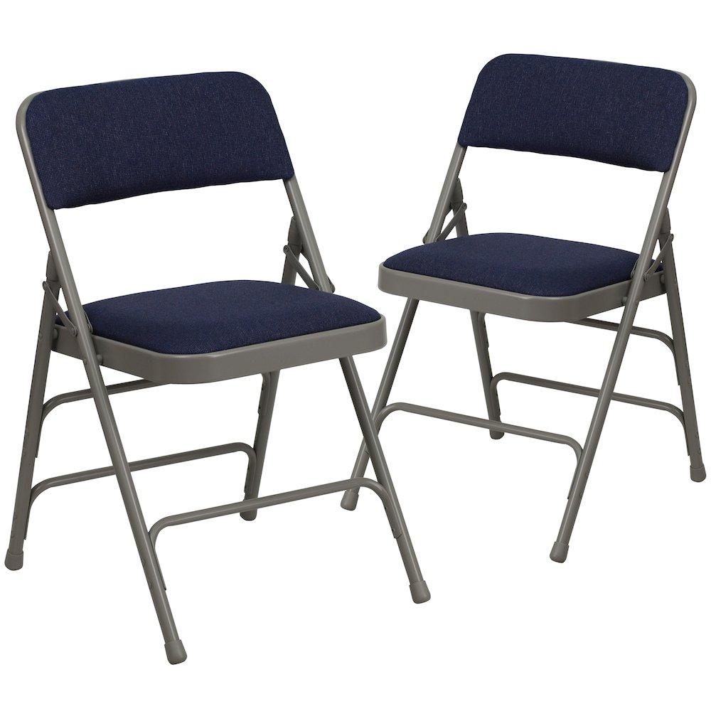 Two navy fabric folding chairs with triple braces and double hinges from Start2Finish Hercules Series, showing their curved design.