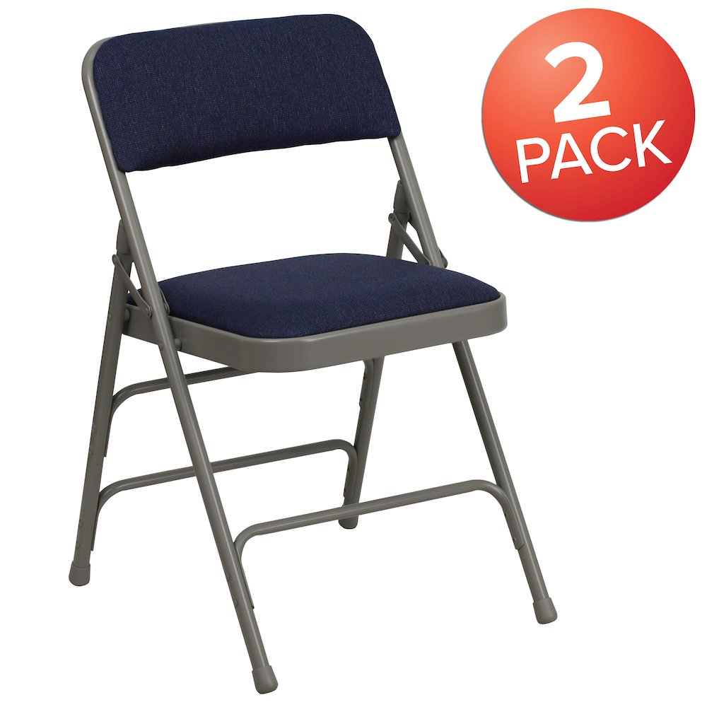 Two navy fabric folding chairs from Start2Finish Hercules Series with curved design, triple braced frame, and double hinges.