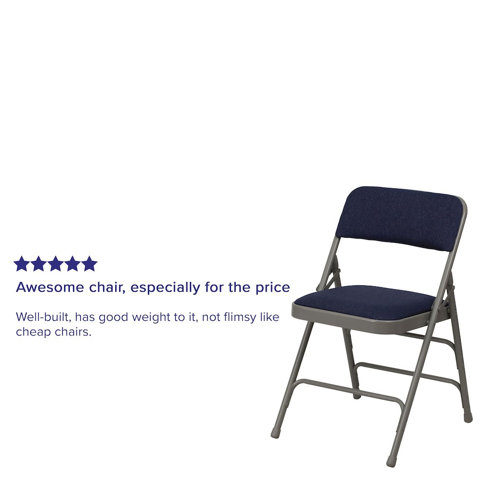 Two navy fabric HERCULES Series curved folding chairs with triple bracing and double hinges, metal frame, and ergonomic design.