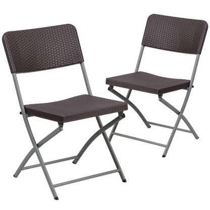 Two brown rattan plastic folding chairs with gray frames from HERCULES Series by Start2Finish, displayed in a folded position.