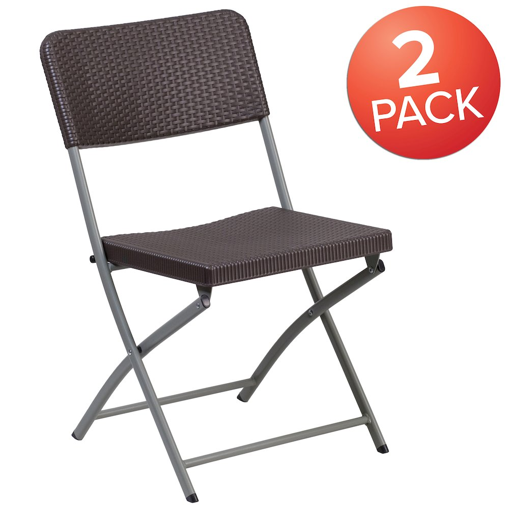 Two brown rattan plastic folding chairs with gray metal frames from the HERCULES Series by Start2Finish, shown folded and ready to use.