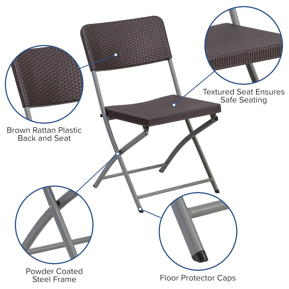 Two brown rattan plastic folding chairs with gray metal frames from the HERCULES Series, designed for versatile seating.