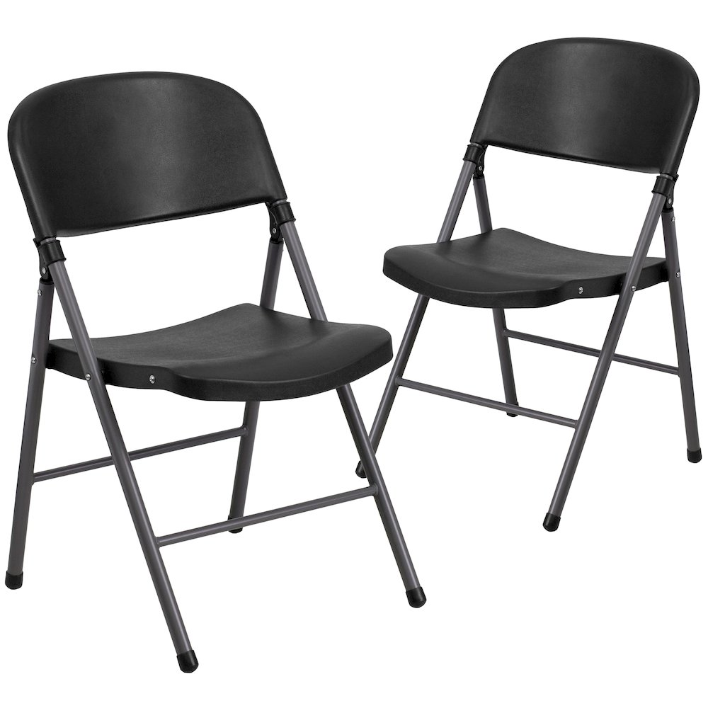 Two black plastic folding chairs with charcoal frames from Hercules Series, each with a 330 lb. capacity, stacked side by side.