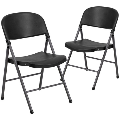 Two black plastic folding chairs with charcoal frames from Hercules Series, each with a 330 lb. capacity, stacked side by side.