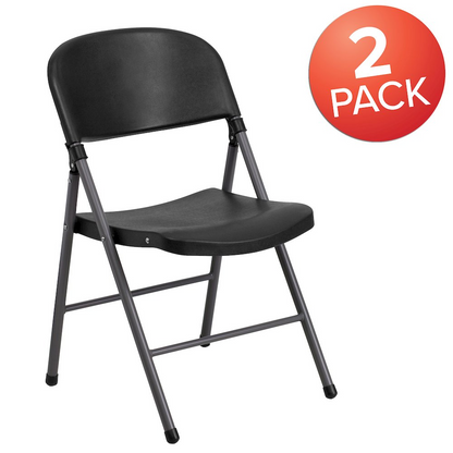 Two black plastic folding chairs with charcoal frames from Hercules Series, 330 lb. capacity, stacked for easy storage.