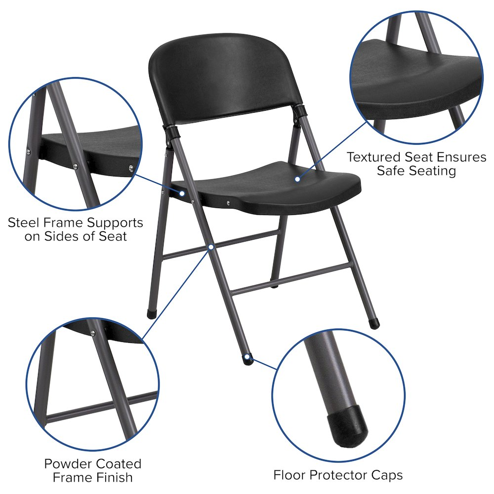 Two black plastic folding chairs with charcoal frames from Start2Finish Hercules Series, each supporting up to 330 lbs.