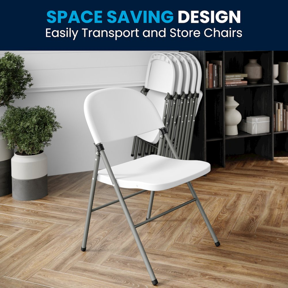 Pair of white plastic HERCULES Series folding chairs with gray frames, lightweight and portable for versatile seating.