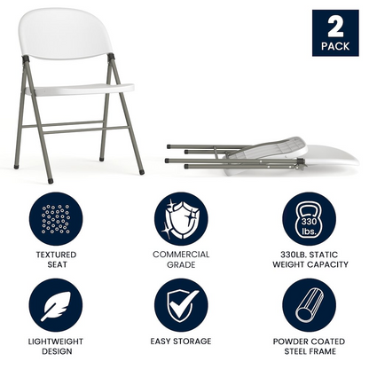 Set of 2 HERCULES Series white plastic folding chairs with gray frames, lightweight and durable for versatile seating.
