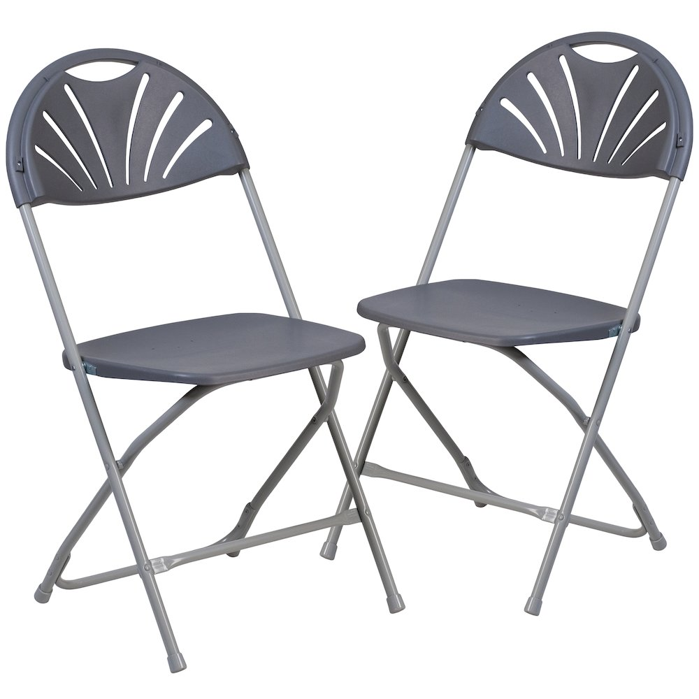 Two Start2Finish Hercules Series folding chairs with charcoal plastic fan back and 650 lb. capacity, shown folded and side view.