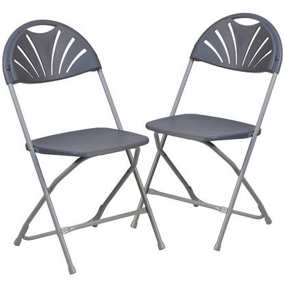 Two Start2Finish Hercules Series folding chairs with charcoal plastic fan back and 650 lb. capacity, shown folded and side view.