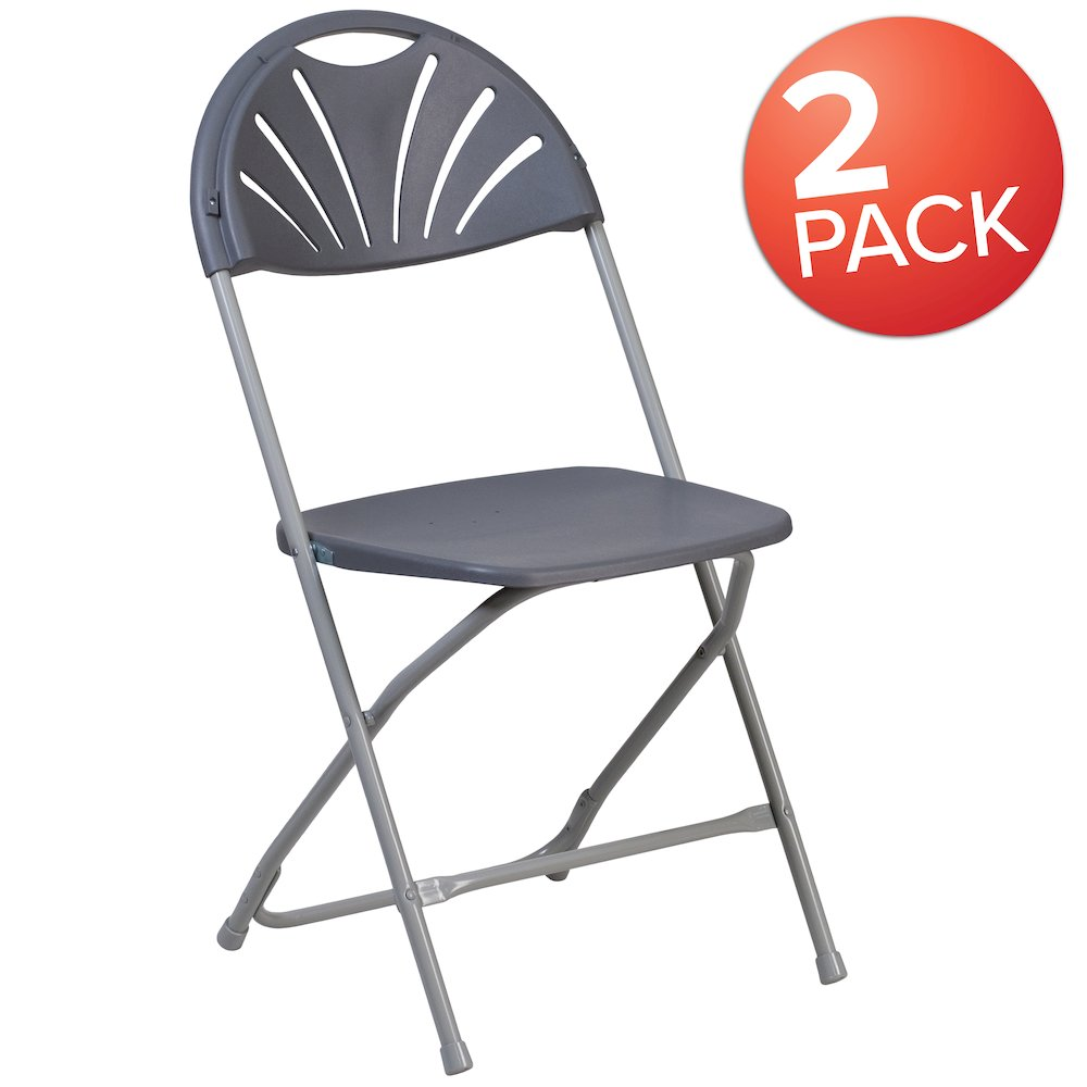 Start2Finish Hercules 2-pack charcoal plastic folding chairs with fan back design, 650 lb. capacity, lightweight and sturdy for outdoor use.