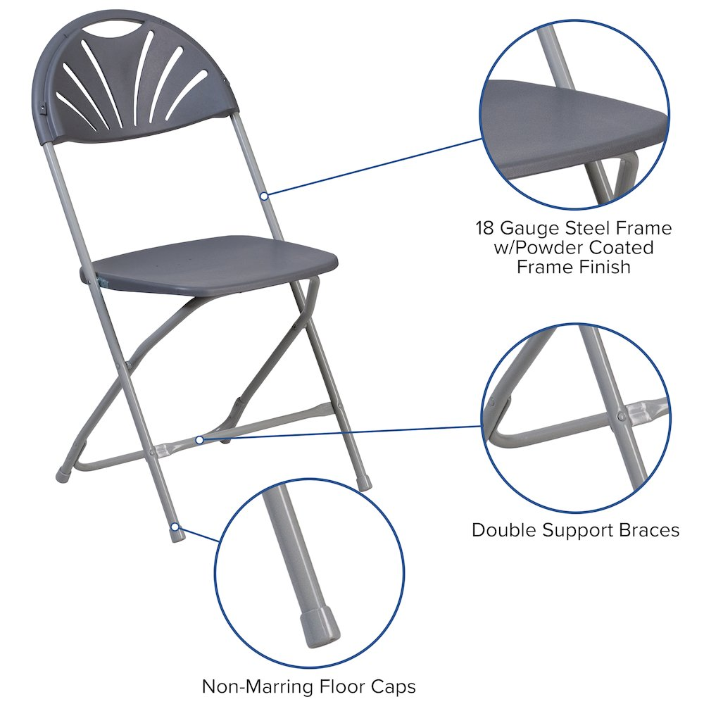 Two Start2Finish Hercules Series folding chairs with black plastic fan back design and 650 lb. weight capacity