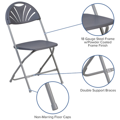 Two Start2Finish Hercules Series folding chairs with black plastic fan back design and 650 lb. weight capacity