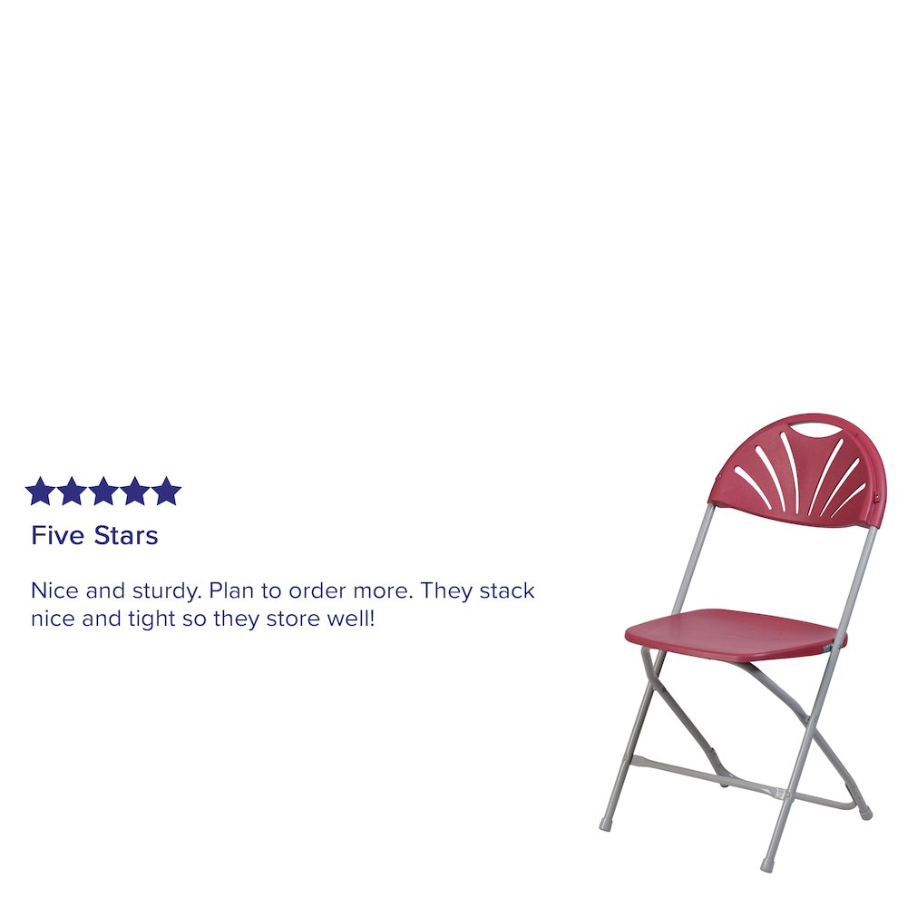 Two burgundy plastic folding chairs from Start2Finish Hercules Series with 650 lb. capacity, fan back design, and sturdy frame.