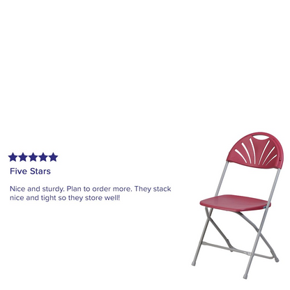 Two burgundy plastic folding chairs from Start2Finish Hercules Series with 650 lb. capacity, fan back design, and sturdy frame.