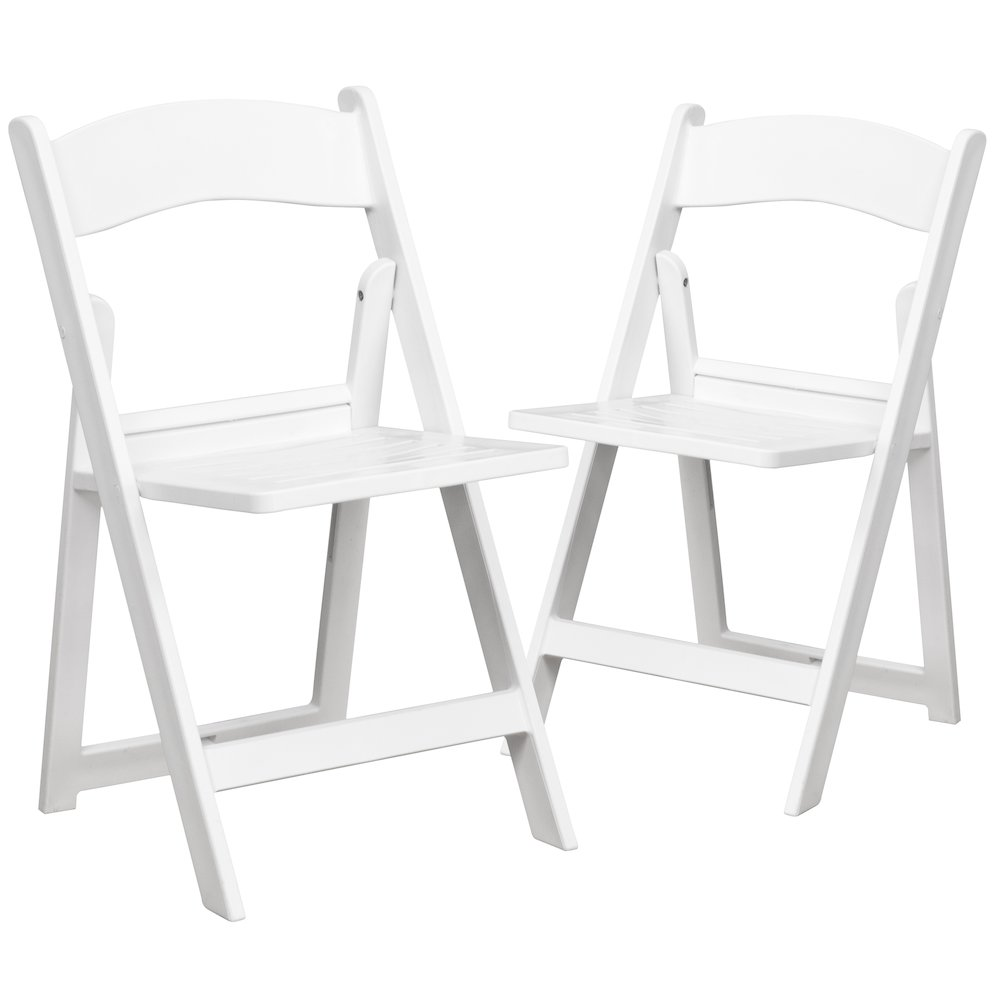 Two white resin folding chairs from the HERCULES Series with slatted seats, 1000 lb. capacity, by Start2Finish.